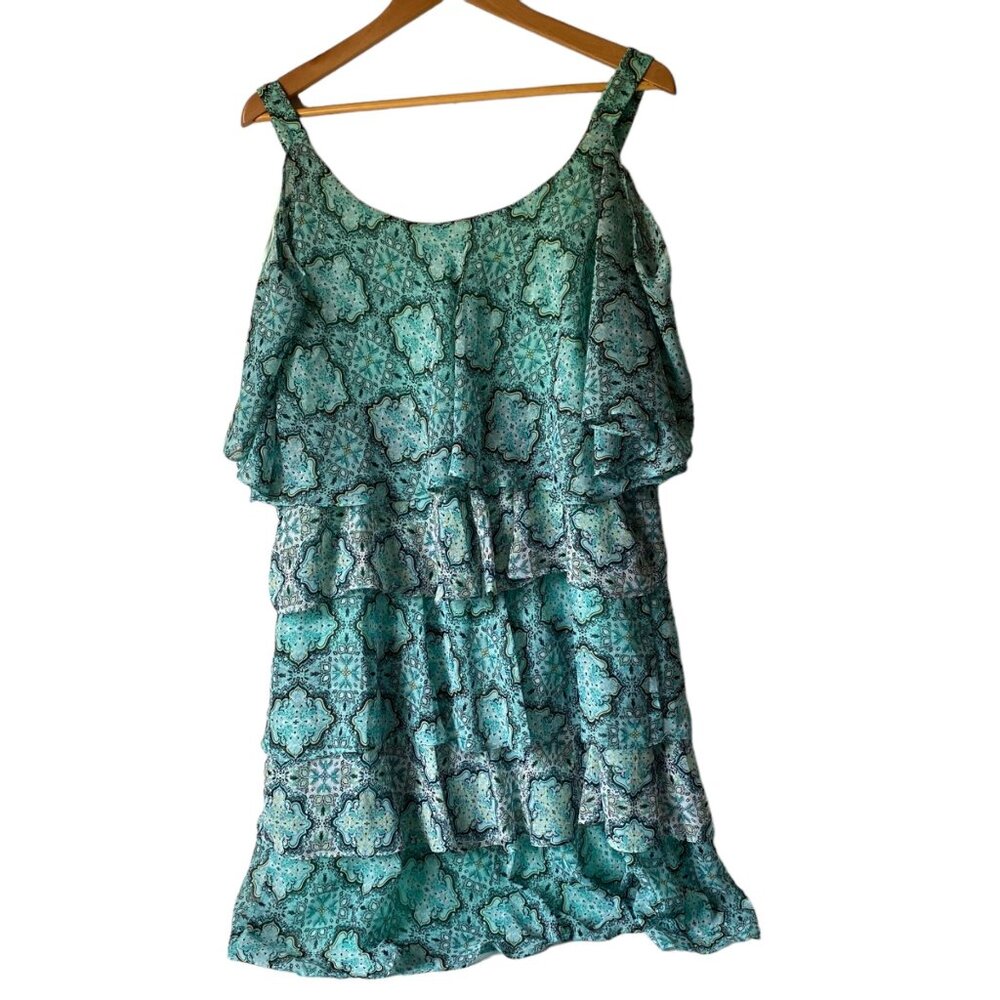 Robbie Bee blue‎ tiered floral sundress fairy women 14 knee length dress